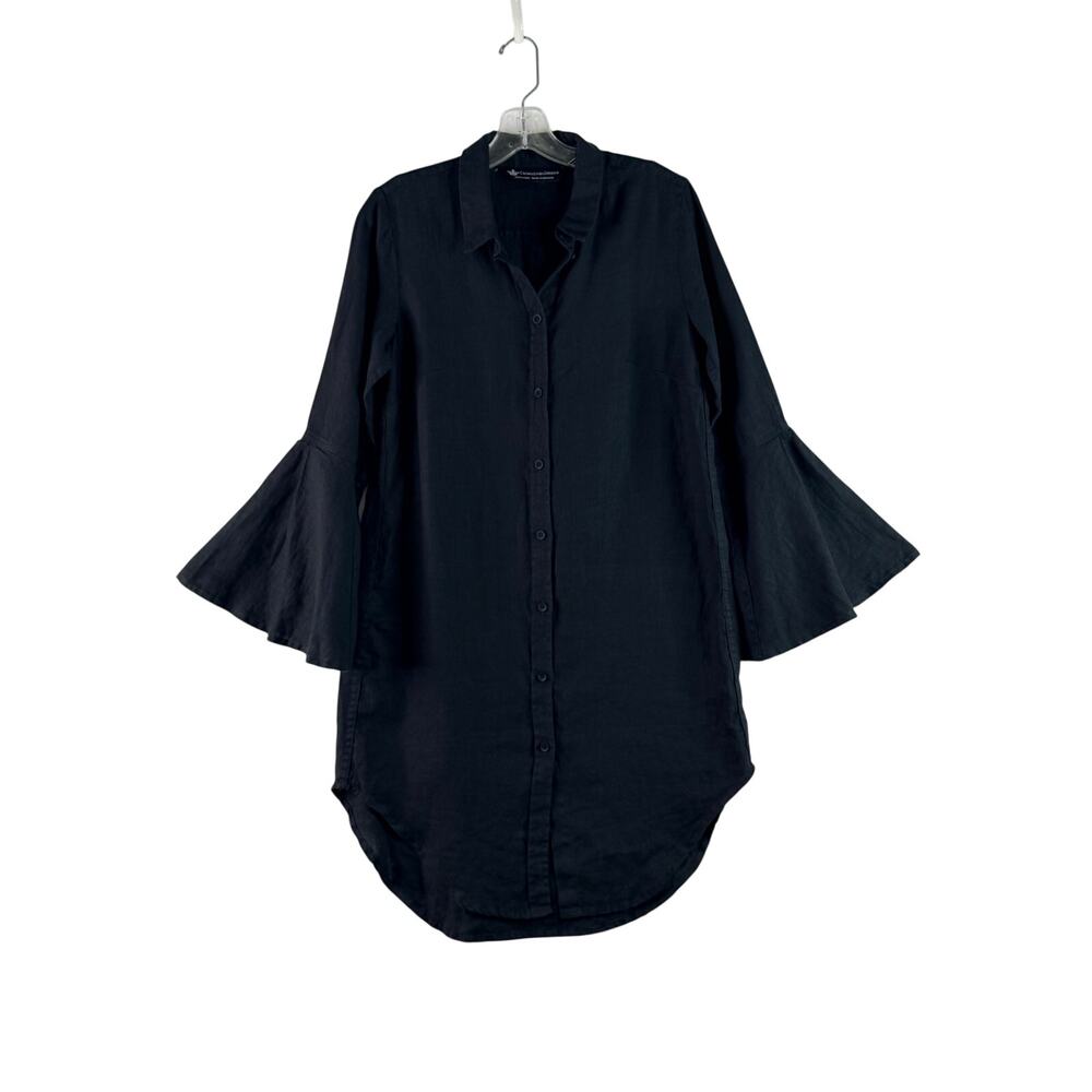 Crown Linen Designs Bell Sleeve Linen Button Shirt Dress Black Womens
